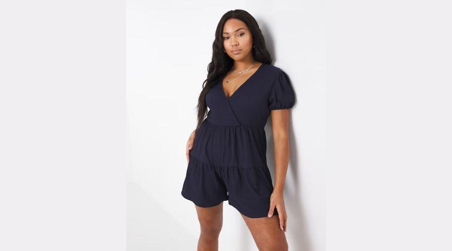 Navy Waffle Wrap Wide Leg Tiered Smock Playsuit