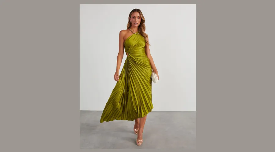 MODERN DAY GLAM SATIN PLEATED ONE SHOULDER CUTOUT ASYMMETRICAL MAXI DRESS - CHARTREUSE