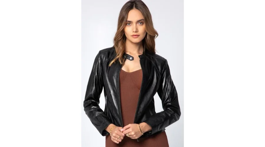 Black Classic Leather Jacket With A Stand-Up Collar | Oglooks