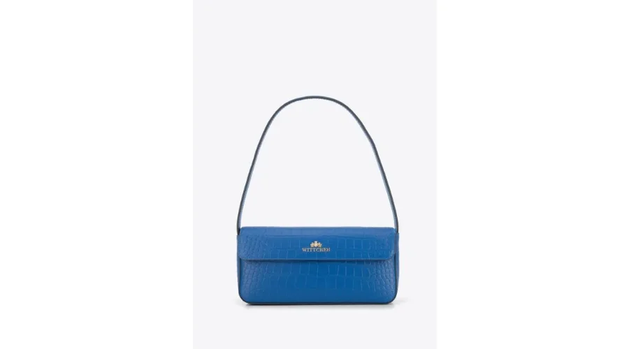 Oblong Baguette Bag Made of Leather With a Croco Texture, Blue | Oglooks