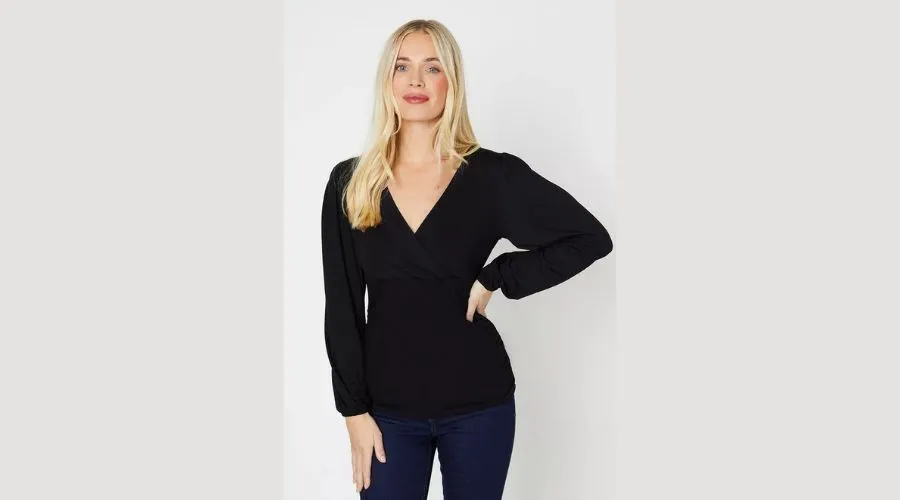 Petite Black V Neck Ruched Side Long Sleeve Top