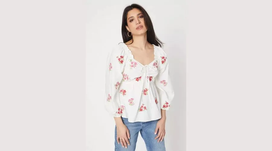 Ruched Front Blouse With Embroidery