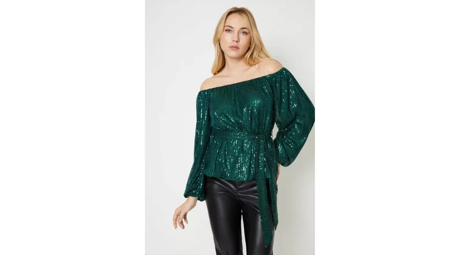 Sequin Bardot Long Sleeve Blouse | Oglooks