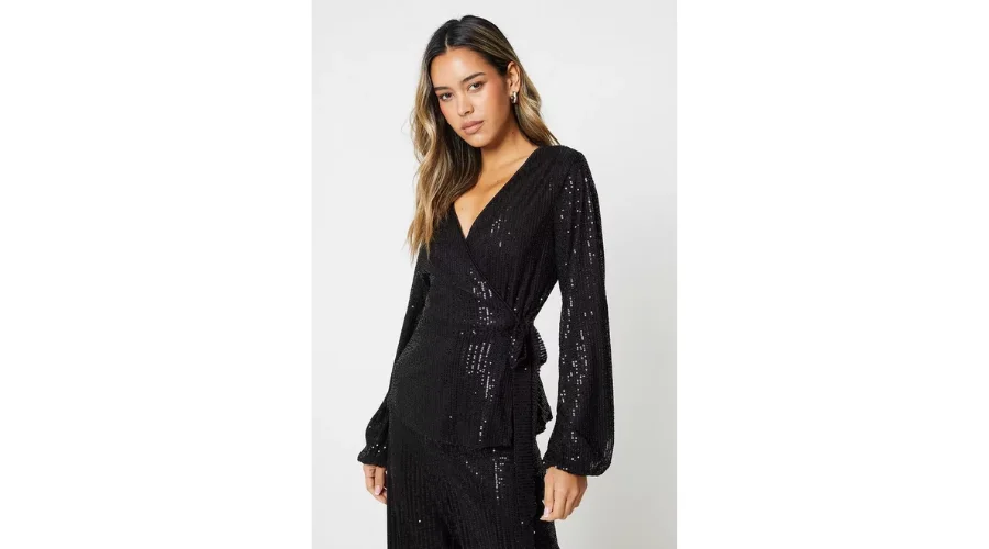 Sequin Tie Waist Wrap Top | Oglooks