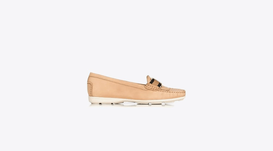 Women's Beige Leather Moccasins with a Decorative Strap
