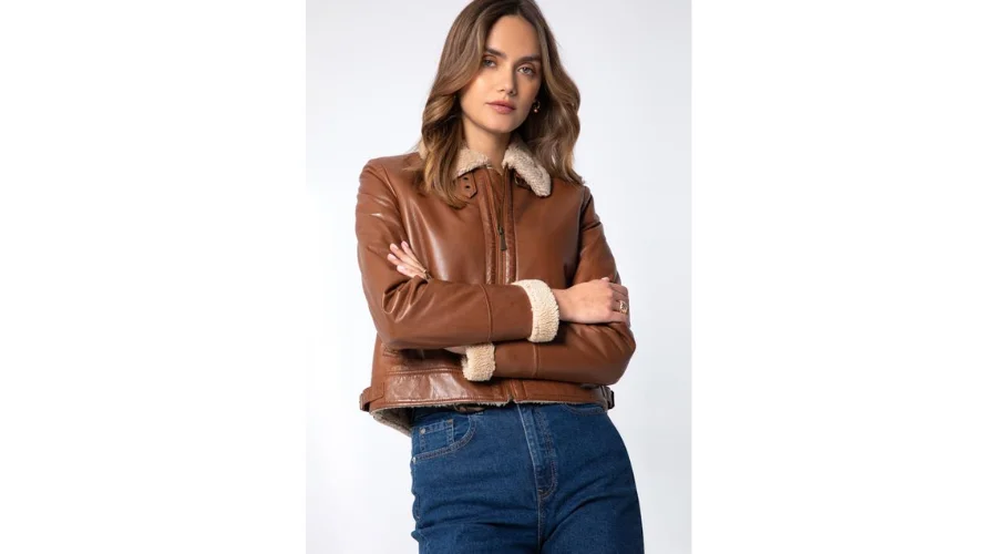 Women's Brown Leather Pilot Jacket Lined With Artificial Fur | Oglooks
