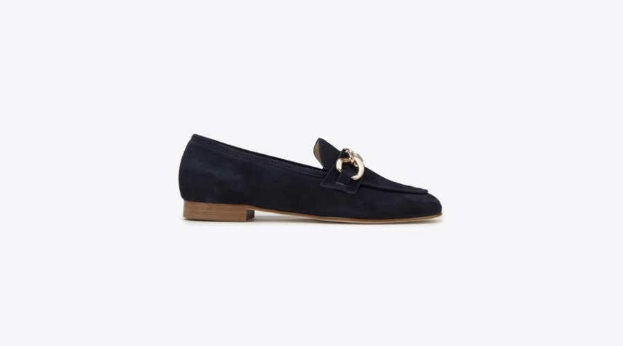 Women's navy blue suede moccasins with a chain