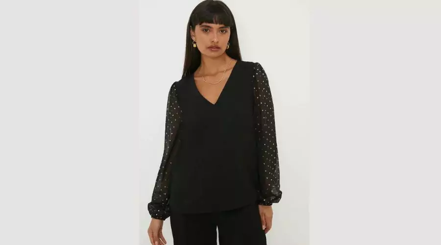 Gold Shimmer Chiffon Contrast Sleeve Blouse 