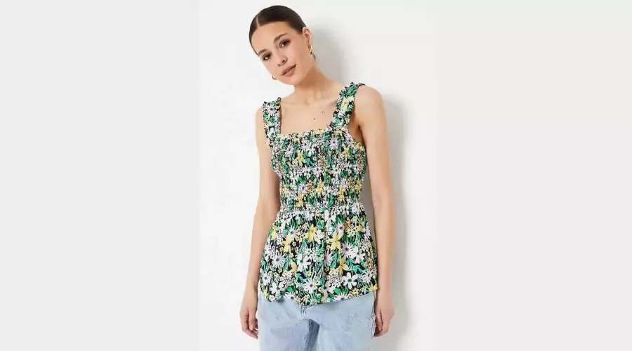 Green Floral Shirred Cami Top