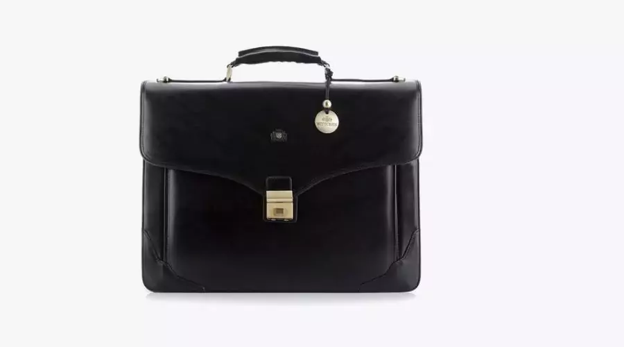 Leather briefcase with a cut-out flap, black