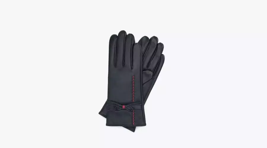 Women's Leather Gloves with a Bow and Stitching, Black