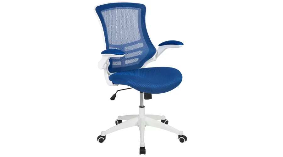 Emma and Oliver Mid-Back Blue Mesh Ergonomic Office Task Chair, White Frame - Flip-Up Arms | Oglooks