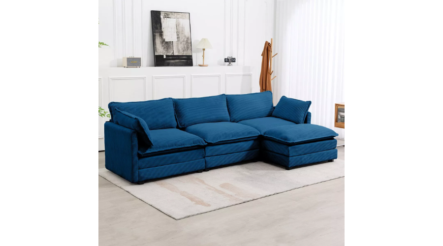Hyleory 112 in, W 4-piece modern corduroy Fabric sectional sofa with Ottoman in Blue