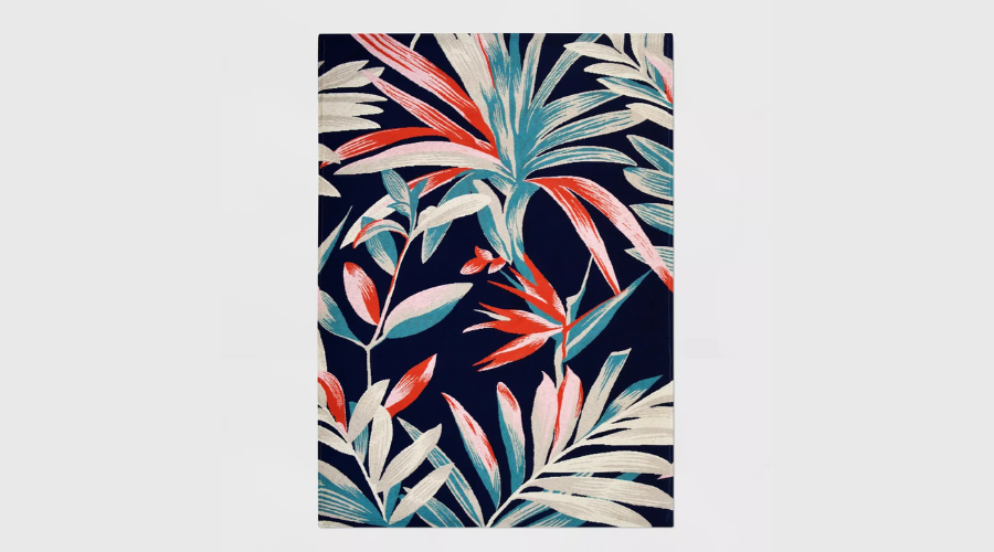 Jungle Tropical Outdoor Rug in Navy/Coral Colour