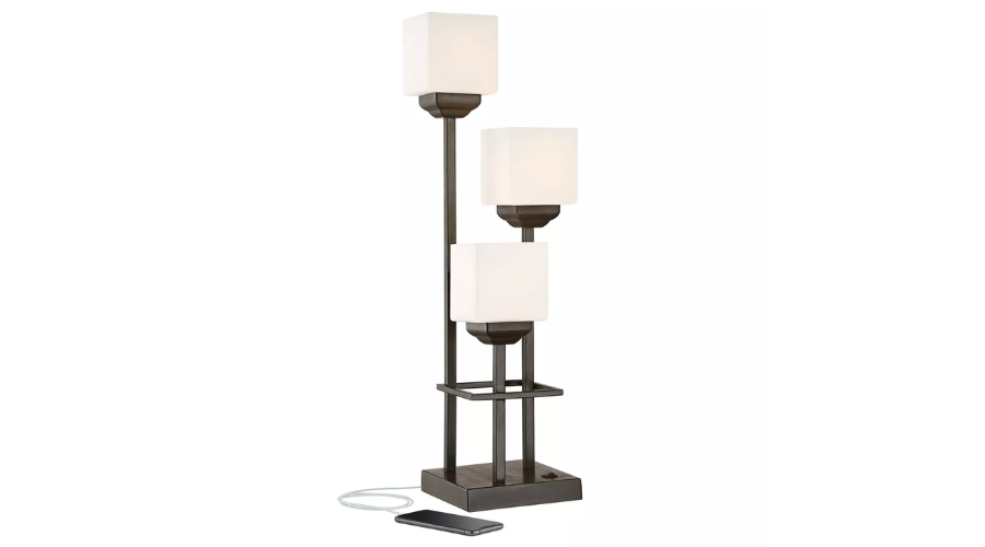 Modern Console 1/2" Tall Table Lamp with USB Charging Port- Bronze Metal White Glass Square Shade | Oglooks