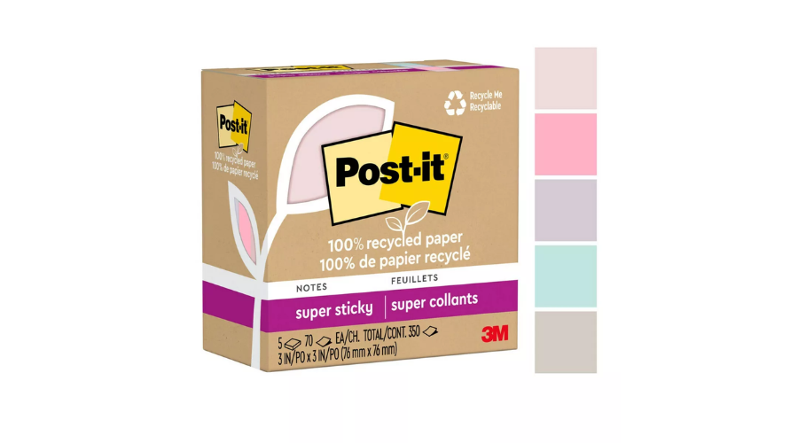 Post-it Recycled Super Sticky Notes 3”x3” Pastels