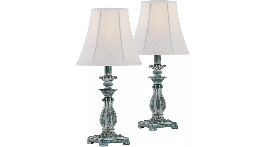 Set of 2 19" High Antique Blue White Bell Shade Traditional Accent Table Lamps | Oglooks