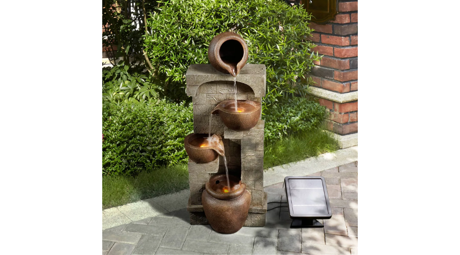 Solar Powered Outdoor Waterfall Fountain with Two Pots, Two Bowls