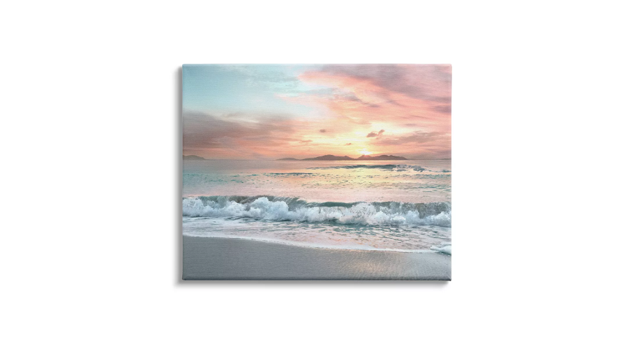 Stupell Industries Morning Sunrise Beach Landscape Distant Mountains Rolling Tide