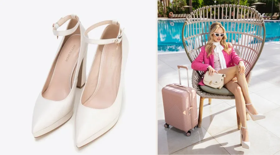 Women's cream leather pumps with a thick heel