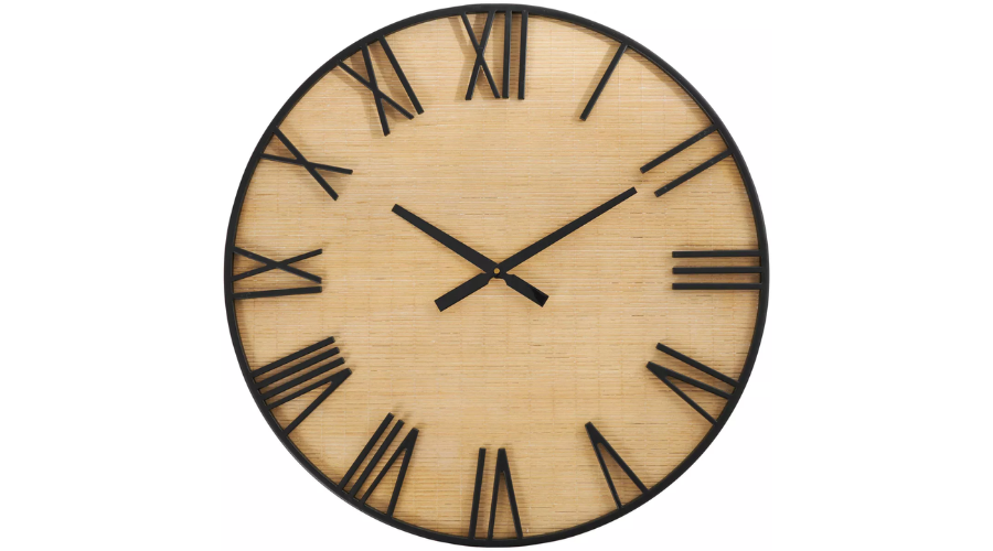 Wooden Wall Clock with Black Metal Numbers and Frame Light Brown
