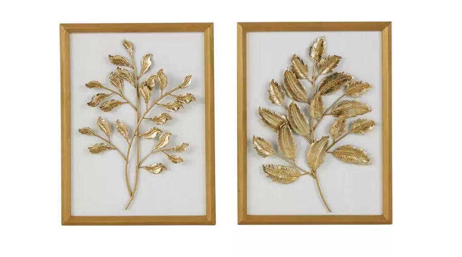 Set of two 3D Wood Leaf Wall Decors, Gold Frame- Vertical Display- Olivia & May: Luxury Glam Style, 