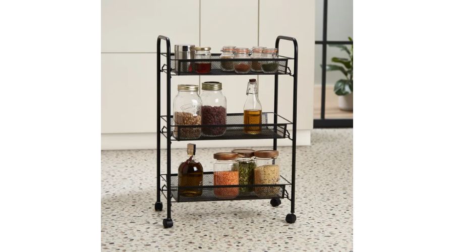 Black Mesh 3-Tier Storage Trolley