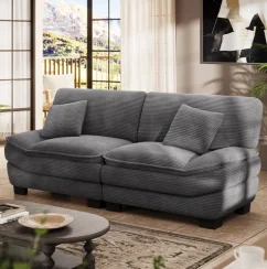 Grey 87 Corduroy Couch with 2 Pillows, Sailboat-Shape Deep Seat Sofa for Small Space