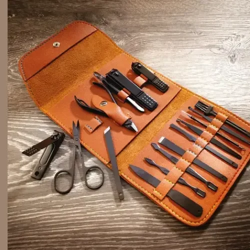 17pc Manicure or Pedicure Tool Set with Brown Faux Leather Wallet_converted