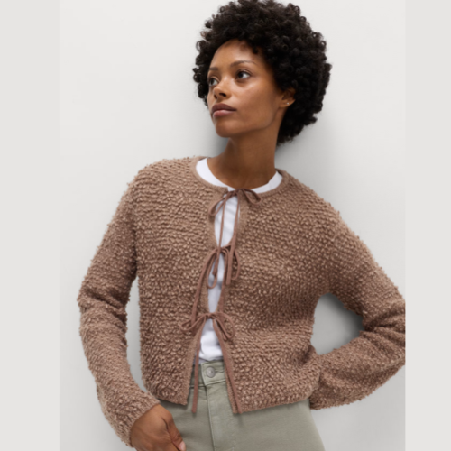 M&S Textured Tie Front Cardigan with Wool
